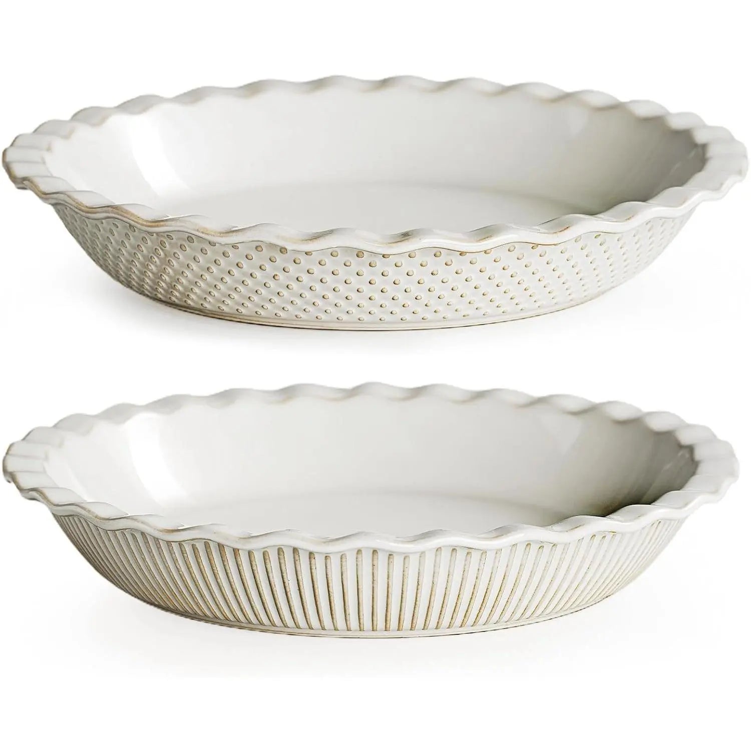 Ceramic Pie Pan Set of 2, 9 Inch Pie Dish for Baking, Non-Stick, Oven & Dishwasher Safe, Farmhouse Decor Quiche Baking Dish, Pie Plate, Deep Dish Pie Pan (Embossed Stripes+Dots)