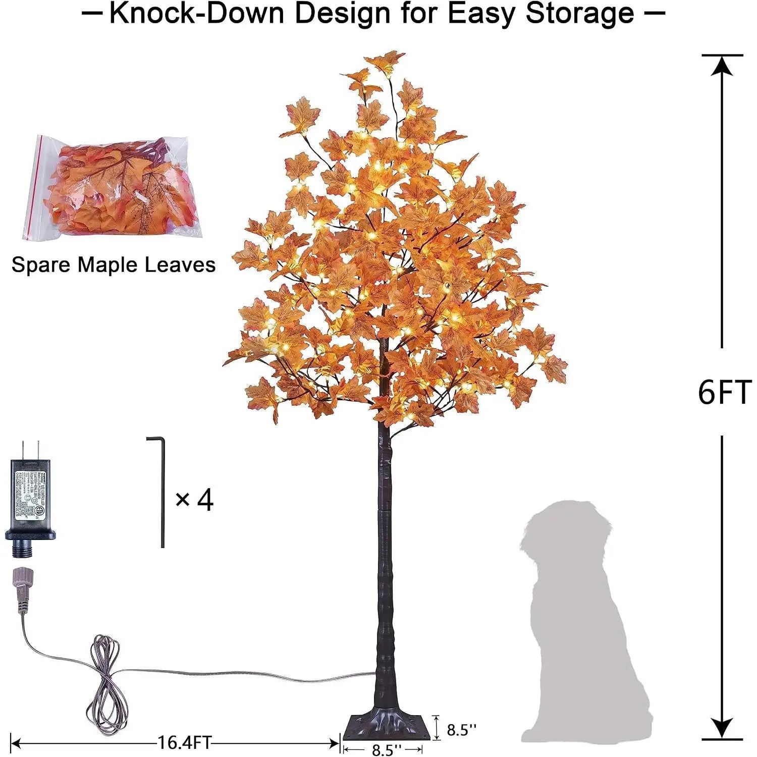 6FT 120LED Artificial Lighted Maple Tree Warm White Fall Decorations Indoor Ourdoor, Orange
