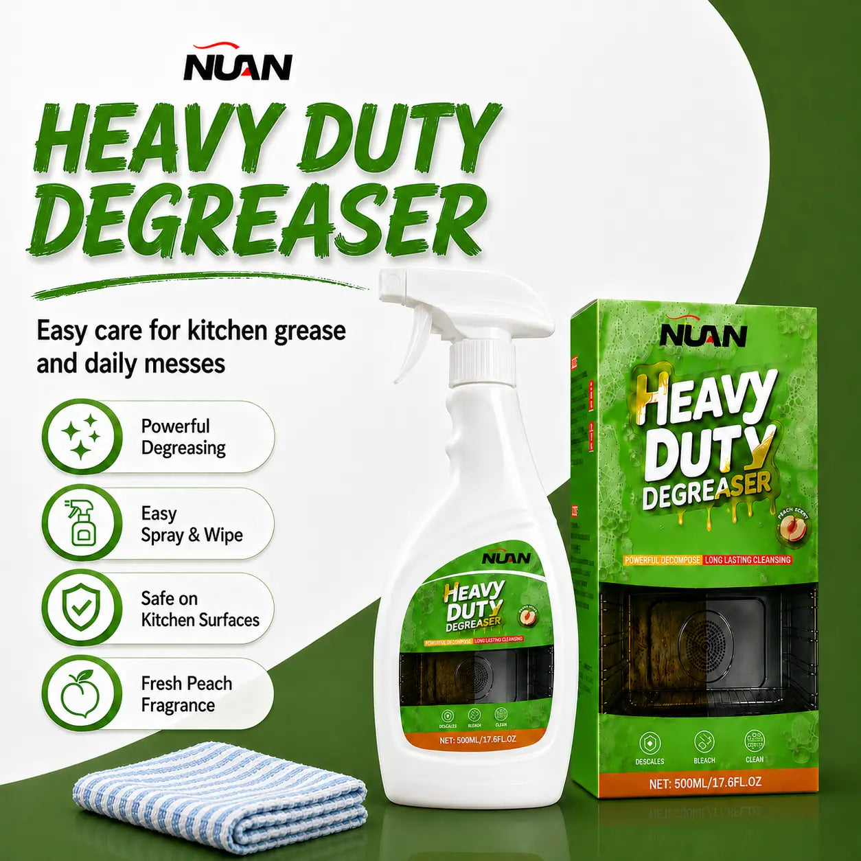 NUAN Heavy-Duty Degreaser Spray Bottle , Kitchen Grease Remover for Range Hood Filters, Stovetops, Backsplash & Stainless Steel Surfaces-M2