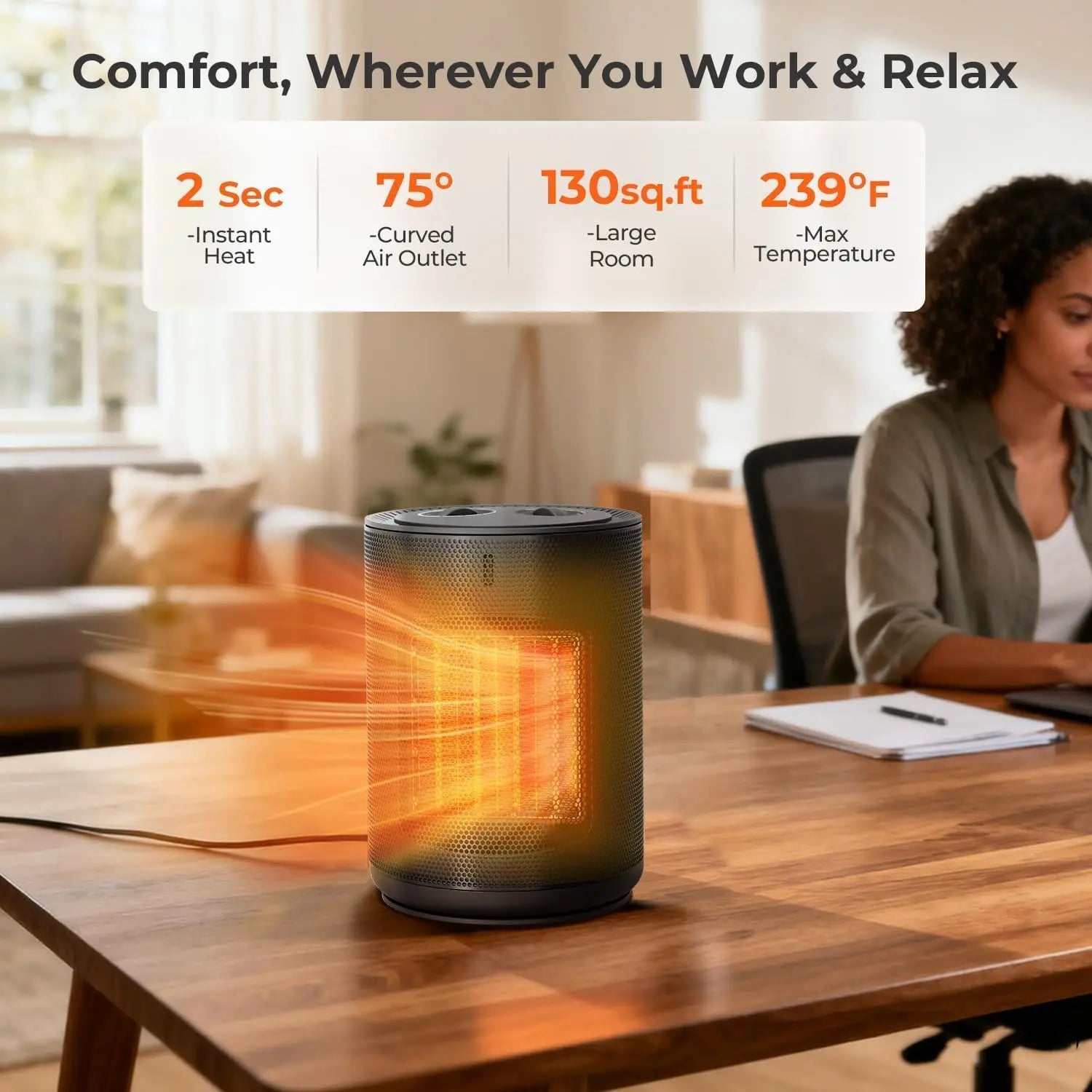 Portable Table Heater for Indoor Use, 1500W Space Heater with Adjustable Thermostat, 2 Heat Settings, Fan Mode, Tip-Over & Overheat Protection