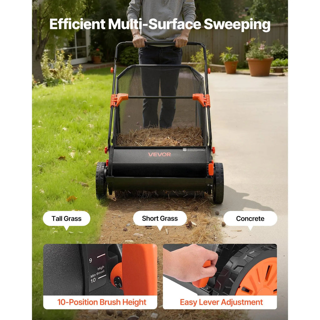 VEVOR Manual Push Lawn Sweeper with Spinning Brushes, 26-In Leaves Grass Cleanup Tool, 7 Cu Ft Hopper Capacity, Adjustable Height, 1:5 Brush Wheel Ratio, Heavy-Duty Iron Frame, 10-In Rubber Wheels, 31.5X50X16.9 In, 27.6 Lbs