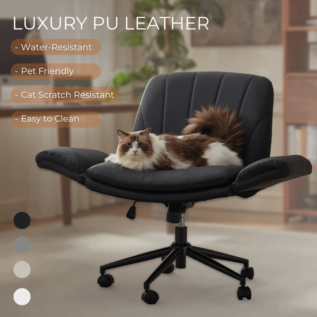 Summervibes Dowinx Criss Cross Chair with Five-Level Adjustable Arms and Wheels - Comfortable Ergonomic PU Leather Swivel Vanity Chair - Computer Makeup Gaming Chair for Home Office, Bedroom, Living Room