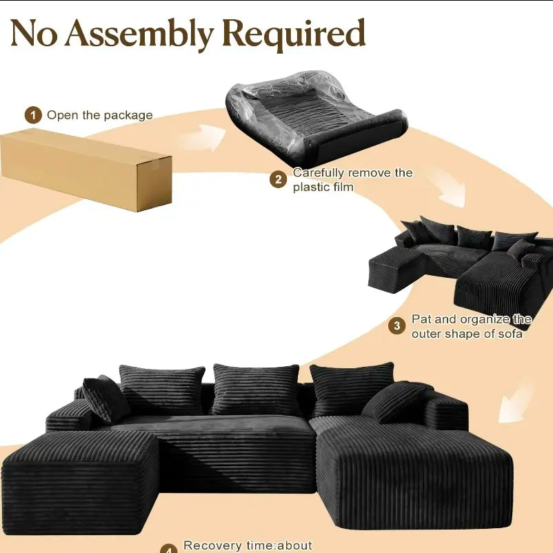 Luxury Black Corduroy Modular Sectional Sofa, U-Shaped Cloud Couch with Deep Seat, Modern Large Living Room Sofa Set, Oversized Comfy Lounge Couch with Removable Cushions, Contemporary Velvet Fabric Furniture for Apartment, Villa and Home Decor