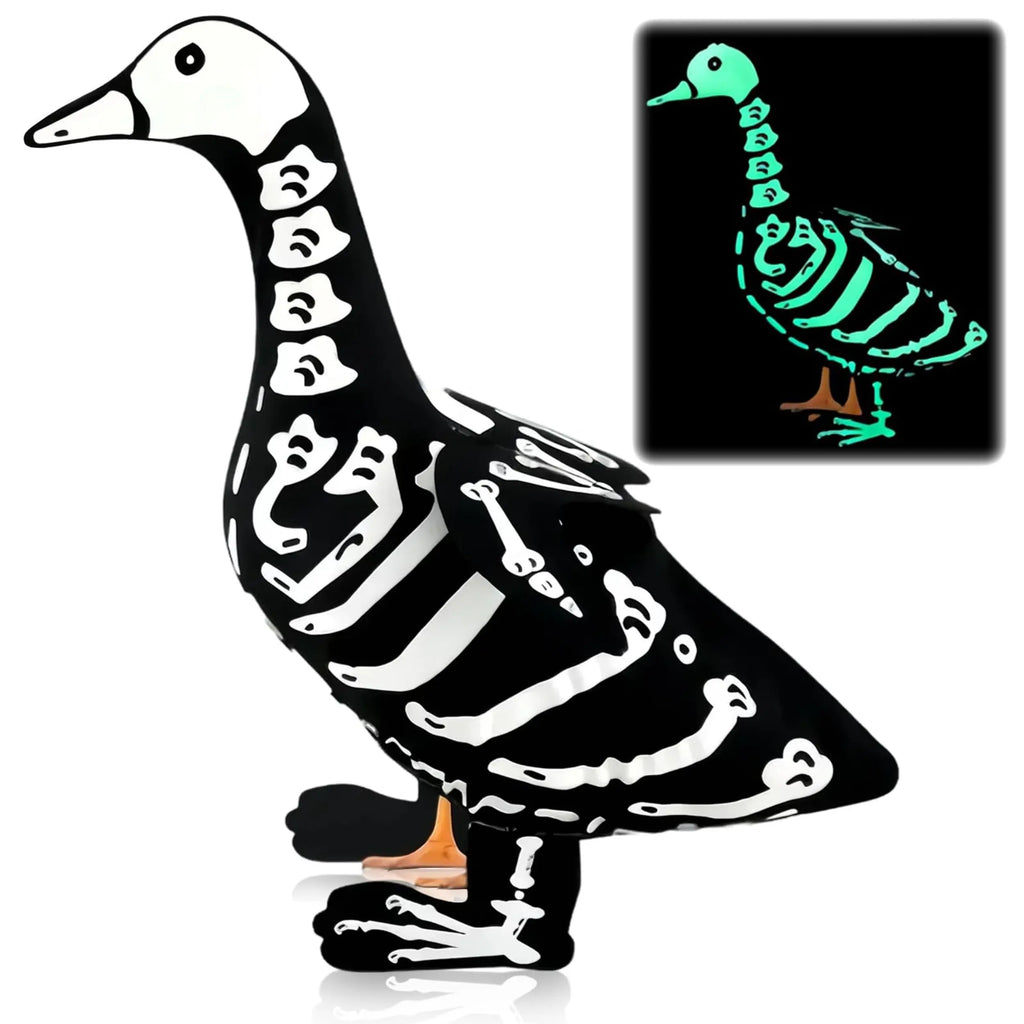 23-In Cement Goose Statue with Halloween Glow-In-The-Dark Skull Outfit, Halloween Aesthetic Costume Accessory, Weatherproof Outdoor Patio Fall Holiday Decoration, Specialty DIY Supply, Goose Skeleton Element
