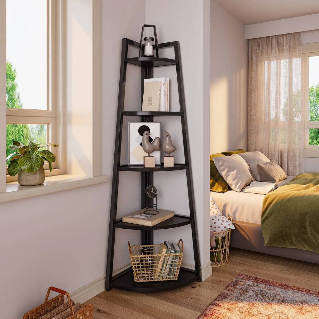 Spaco 70-In Tall 5-Tier Rustic Industrial Corner Bookshelf Rack - Single Unit Space Saving Furniture with Rounded Edges, 25Kg+ Capacity, Multi-Purpose Organizer for Living Room, Home Office, Balcony (Plant Stand, Collectibles Display)