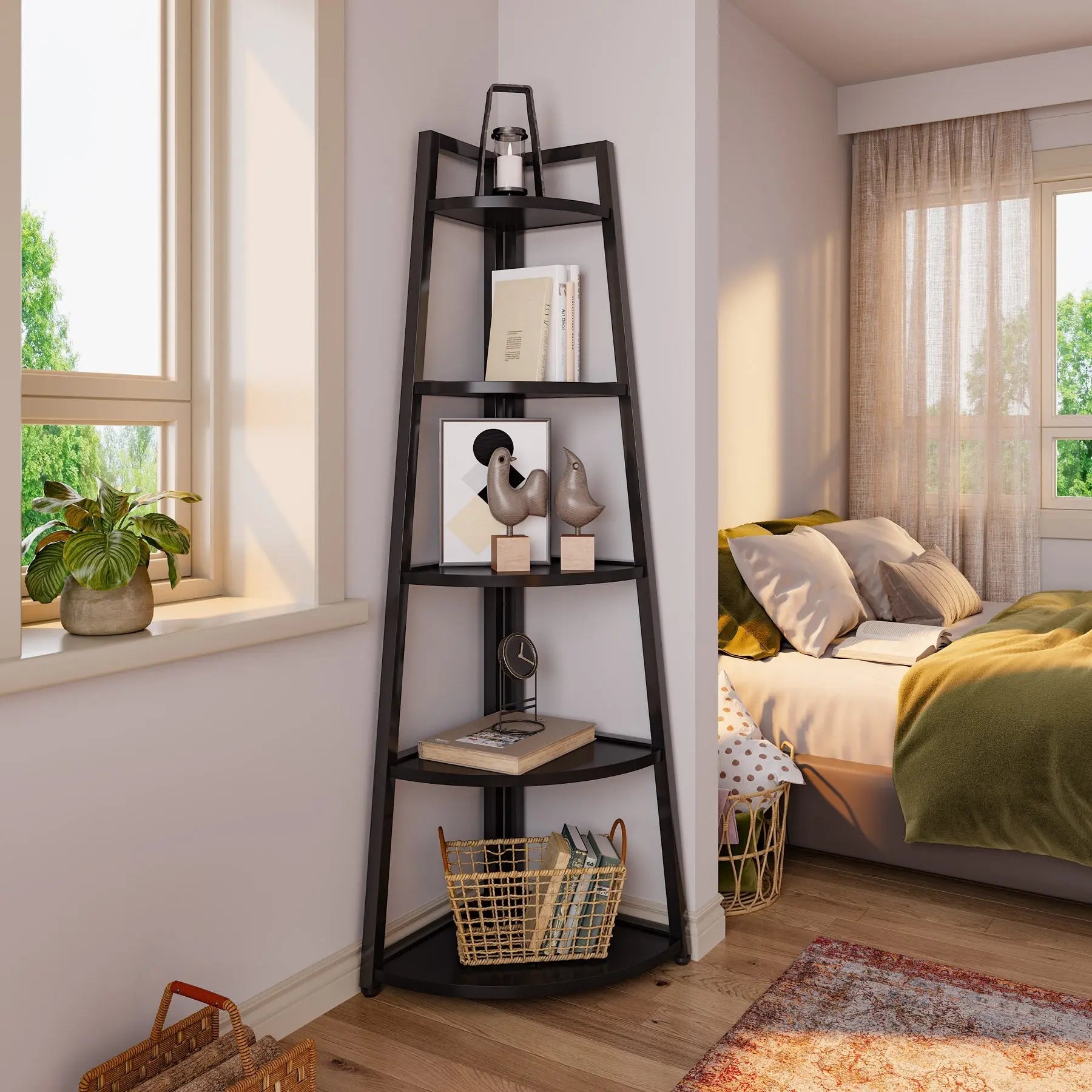 Spaco 70-In Tall 5-Tier Rustic Industrial Corner Bookshelf Rack - Single Unit Space Saving Furniture with Rounded Edges, 25Kg+ Capacity, Multi-Purpose Organizer for Living Room, Home Office, Balcony (Plant Stand, Collectibles Display)