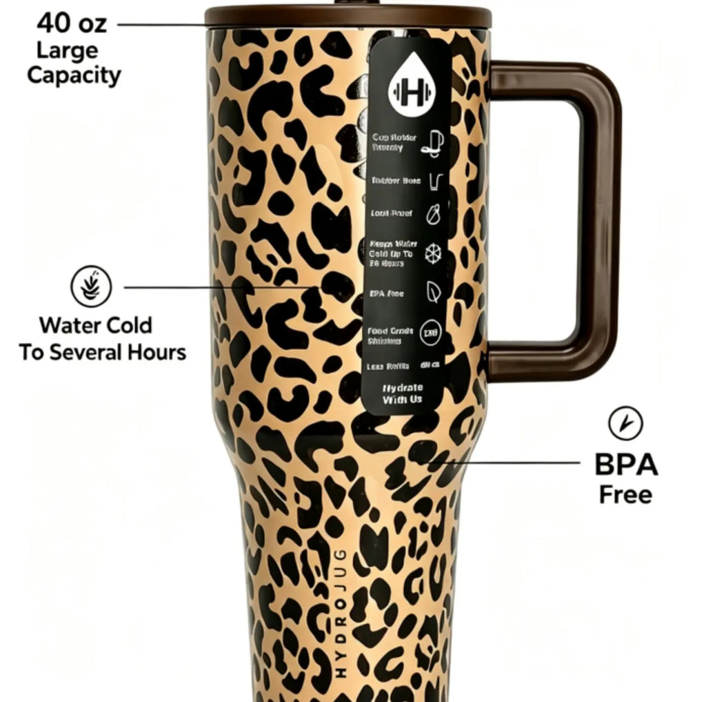 Hydro Aesthetic 40Oz Vacuum Insulated Stainless Steel Tumbler - Double-Wall Leopard Print Travel Mug with Straw, Handle, Flip Lid - Leak-Proof, Cup Holder-Fit, Stylish Durable Water Bottle for On-The-Go Use, Water Bottles