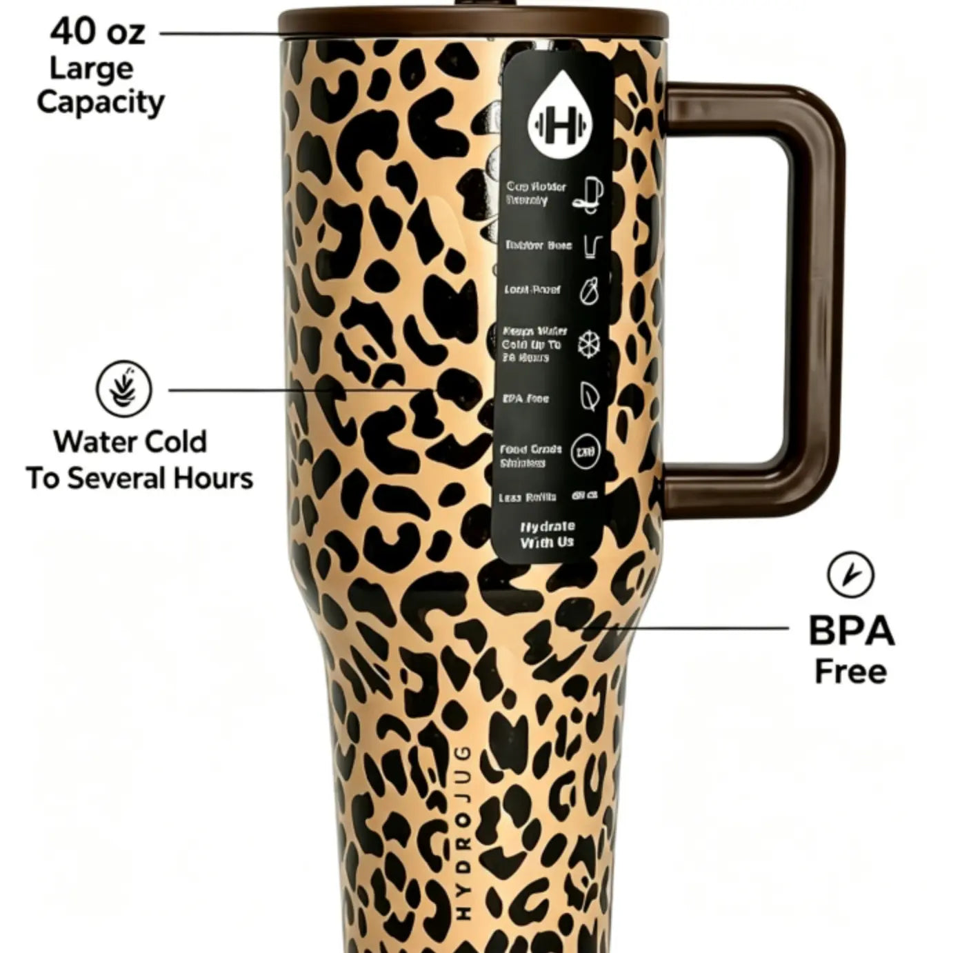 Hydro Aesthetic 40Oz Vacuum Insulated Stainless Steel Tumbler - Double-Wall Leopard Print Travel Mug with Straw, Handle, Flip Lid - Leak-Proof, Cup Holder-Fit, Stylish Durable Water Bottle for On-The-Go Use, Water Bottles