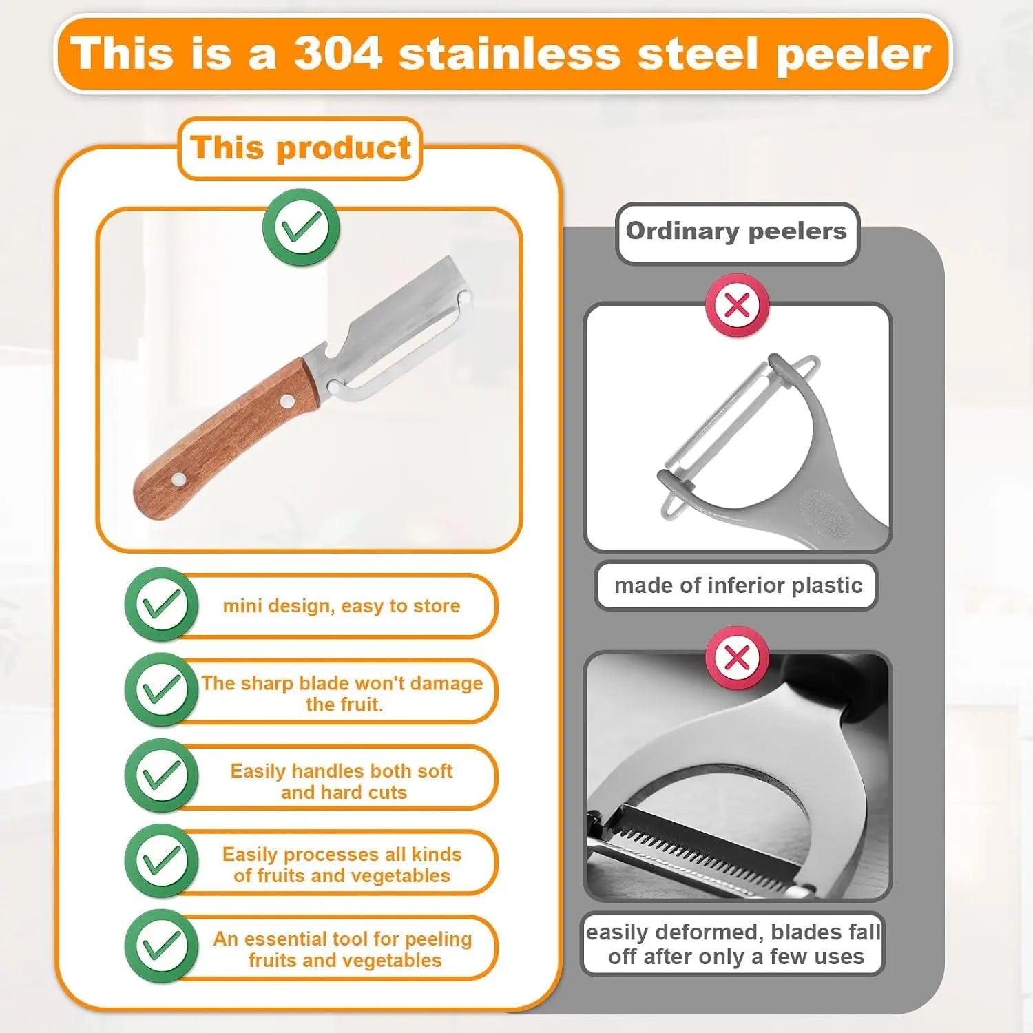 Multi-Functional Vegetable Peeler with Stainless Steel Blade, Wooden Handle, and Bottle Opener Kitchen Tool, Suitable for Peeling Fruits, Vegetables, Pumpkin, Papaya, Zucchini, Potatoes, and Carrots.
