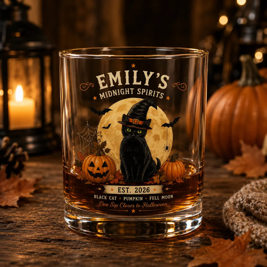 Black Cat Halloween Whiskey Glass, Custom Cat Lover Gift, Black Cat Whiskey Glass, Personalized Funny Cat Whiskey Glass, Funny Best Friend Gift, Cat Lover Gift, Personalized Rocks Glass, Birthday Gift for Her, Halloween Gift, 11Oz Whiskey Glass Classic Dr