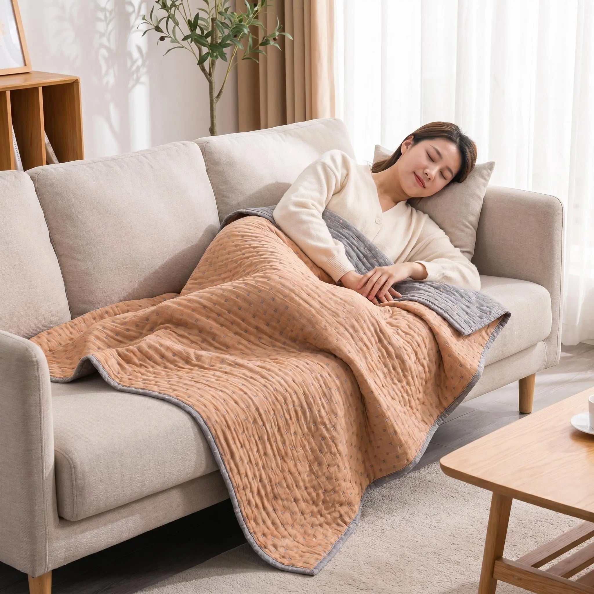 Bedsum 3-Layer Natural Cotton Muslin Jacquard Blanket - Cozy Aesthetic, Ultra Soft, Breathable, Reversible, Lightweight, Multi-Size for Adults, All-Season Warm Comfort, Bedroom Decor Throw
