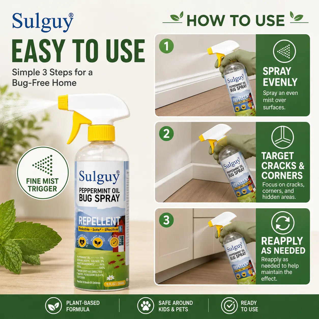 Sulguy Peppermint Spray (9Oz) - Kid-Safe Natural Residential Pest , Weekly Spray for Ants, , Spiders, Pet-Safe Home Care Supply with Oil Scent, 266Ml Bug