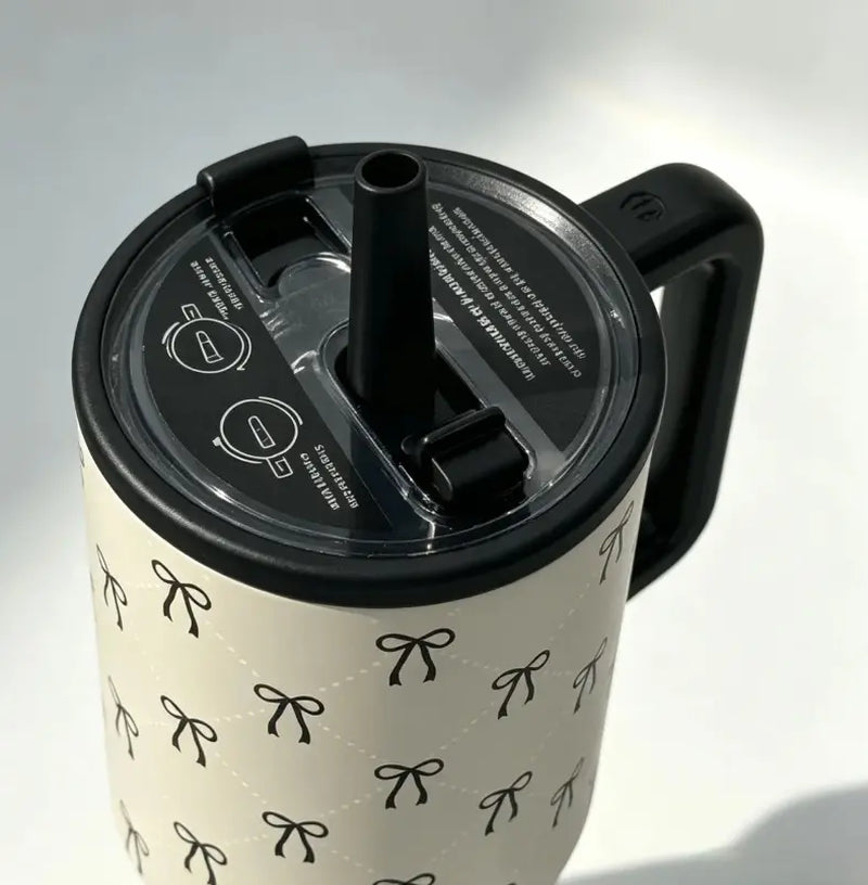 Hydrojug 40 Oz Elegant Mini Black Bow Print with Handle and Straw Tumbler Water Bottle Large Capacity Car Cup, 100% Leakproof Insulated Tumbler | Keeps Ice 24+ Hours | Easy-Clean Durable Travel Mug Cup Holder Friendly Base | Insulated Thermal Tumbler,