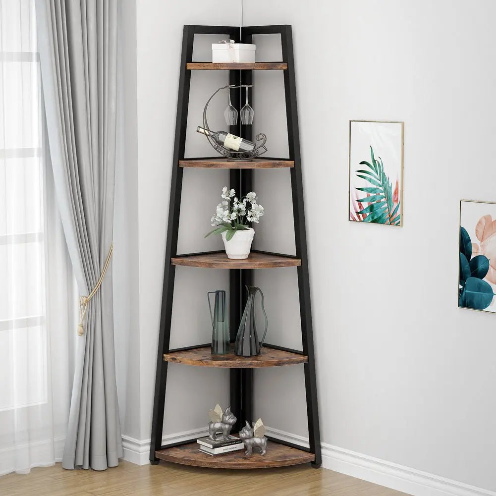 Spaco 70-In Tall 5-Tier Rustic Industrial Corner Bookshelf Rack - Single Unit Space Saving Furniture with Rounded Edges, 25Kg+ Capacity, Multi-Purpose Organizer for Living Room, Home Office, Balcony (Plant Stand, Collectibles Display)