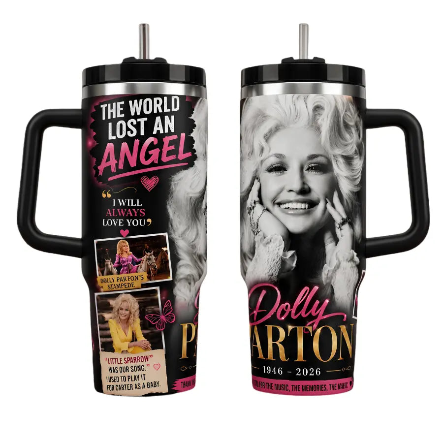 Dolly Parton Rest in Peace Tumbler, Dolly Parton Memorial Tumbler, Country Music Legend Tribute Cup, 40Oz Insulated Tumbler with Handle, Fan Gift