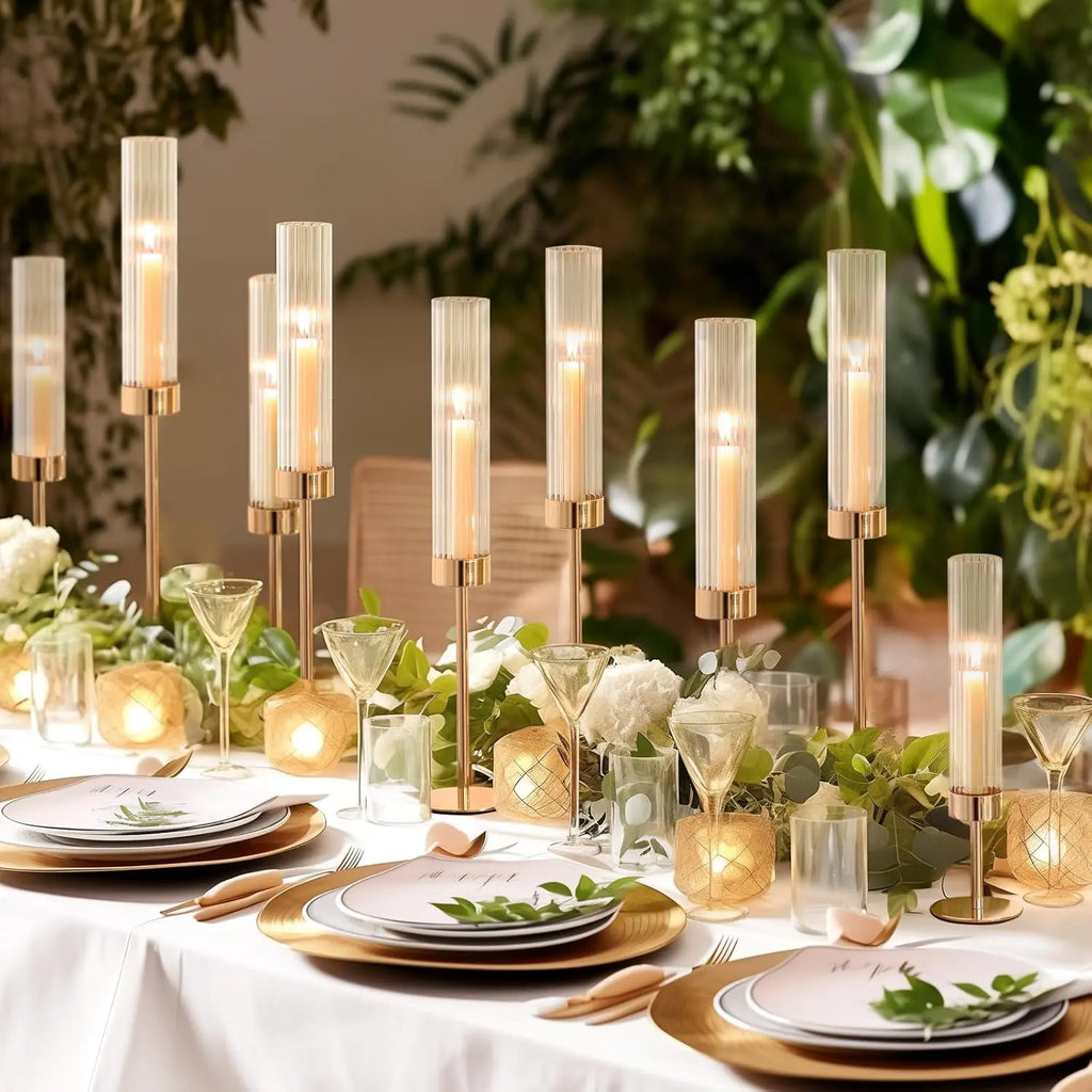 Hurricane Candle Holders, Set of 6 Glass Taper Candlestick Holders Metal Candle Stands Bulk with Ribbed Glass Cover for Dining Tables Wedding Candelabra Centerpieces Decor