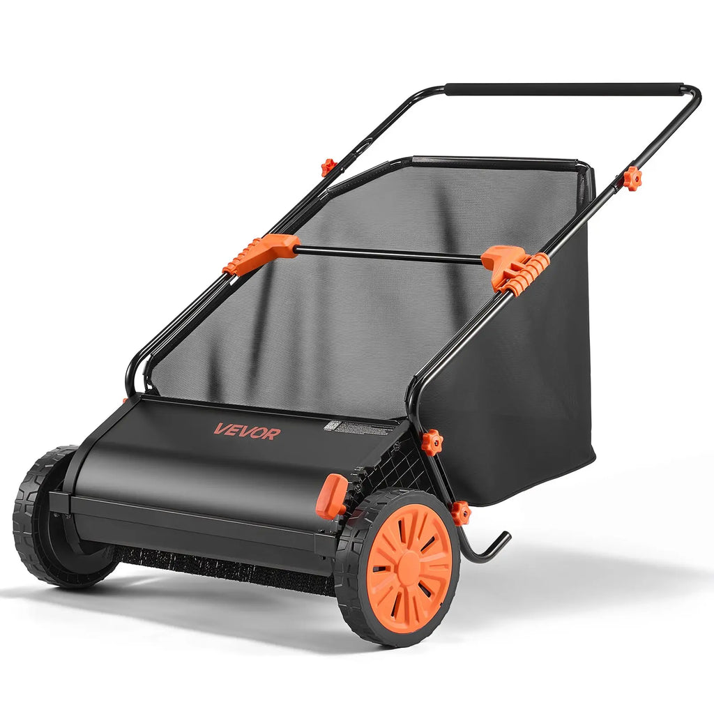 VEVOR Manual Push Lawn Sweeper with Spinning Brushes, 26-In Leaves Grass Cleanup Tool, 7 Cu Ft Hopper Capacity, Adjustable Height, 1:5 Brush Wheel Ratio, Heavy-Duty Iron Frame, 10-In Rubber Wheels, 31.5X50X16.9 In, 27.6 Lbs