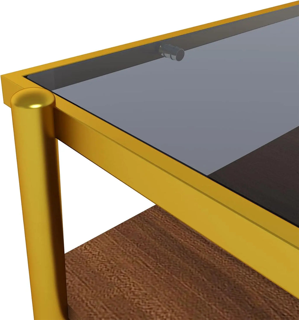 Modern Glass Coffee Table 38.39"L ×24.21"W ×17.72"H, Rectangular Tea Table with Metal Frame & Open Storage Shelf, Home Furniture for Living Room Apartment