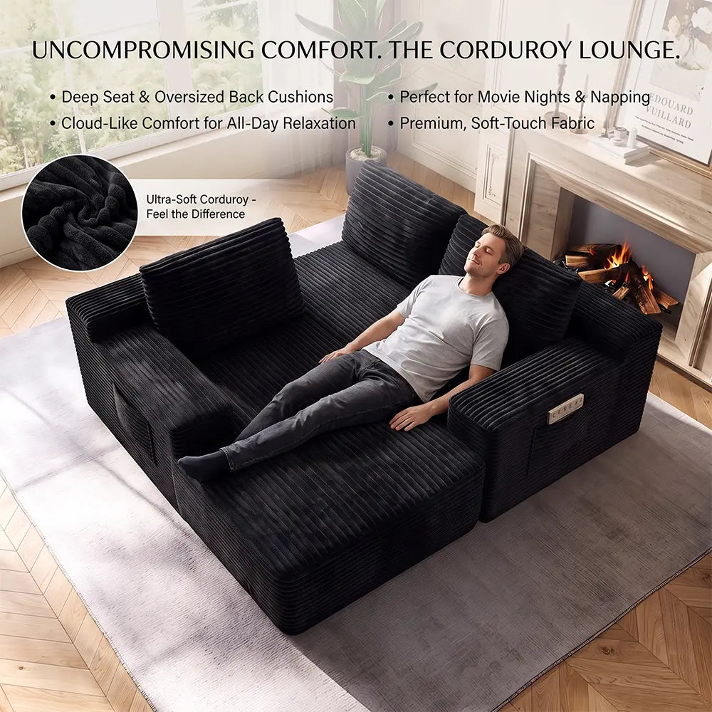 96-Inch L-Shaped Modular Corduroy Sofa with Chaise, Moderate Deep Seat, Vacuum-Packed, No-Assembly Indoor Furniture for Apartments & Condos