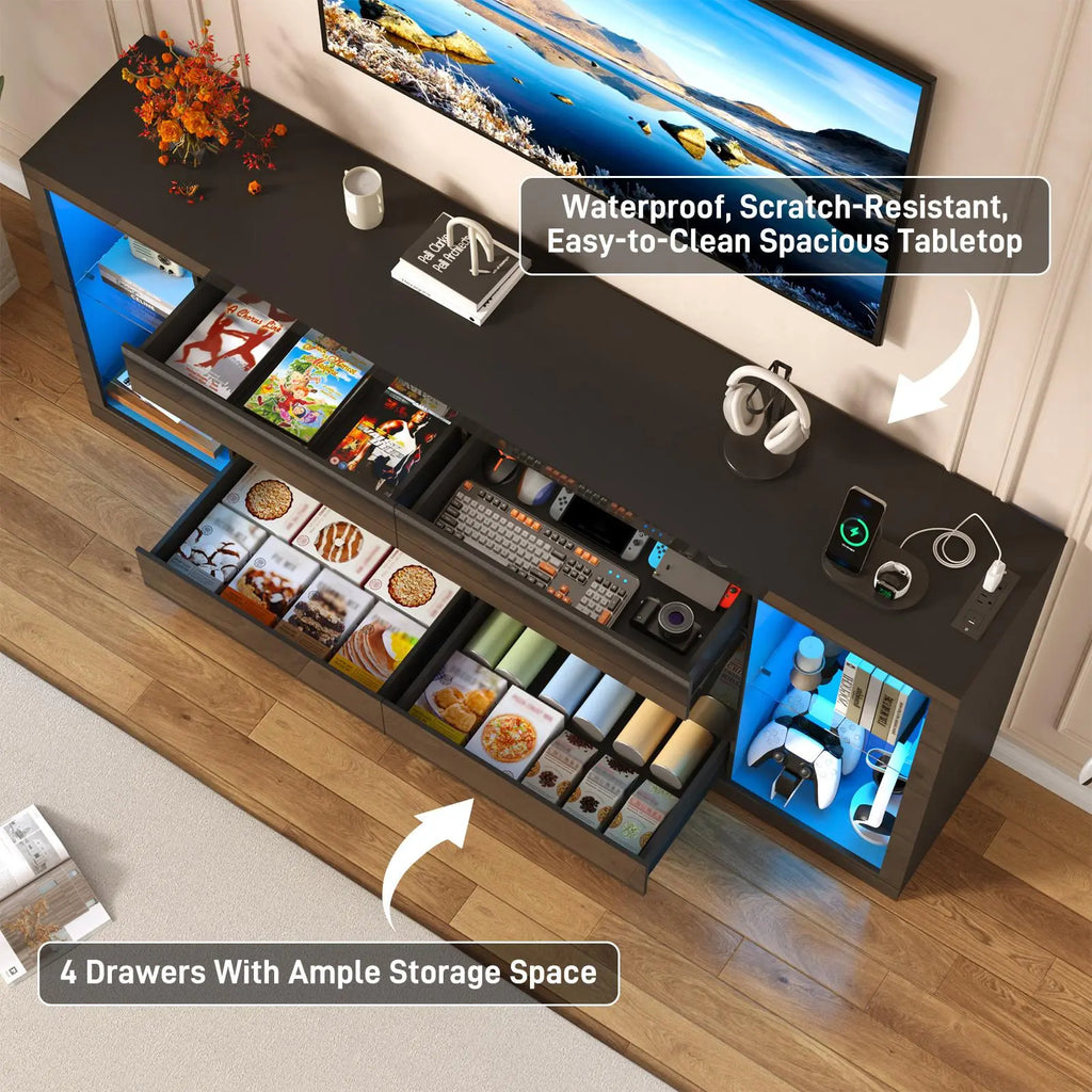 82.7'' Fireplace TV Stand for 90/95''TV with 50'' Fireplace, LED Modern High Gloss Entertainment Center with Power Outlet, 4 Drawers, Adjustable Shelf, 2-Tier TV Console Cabinet, Black/White