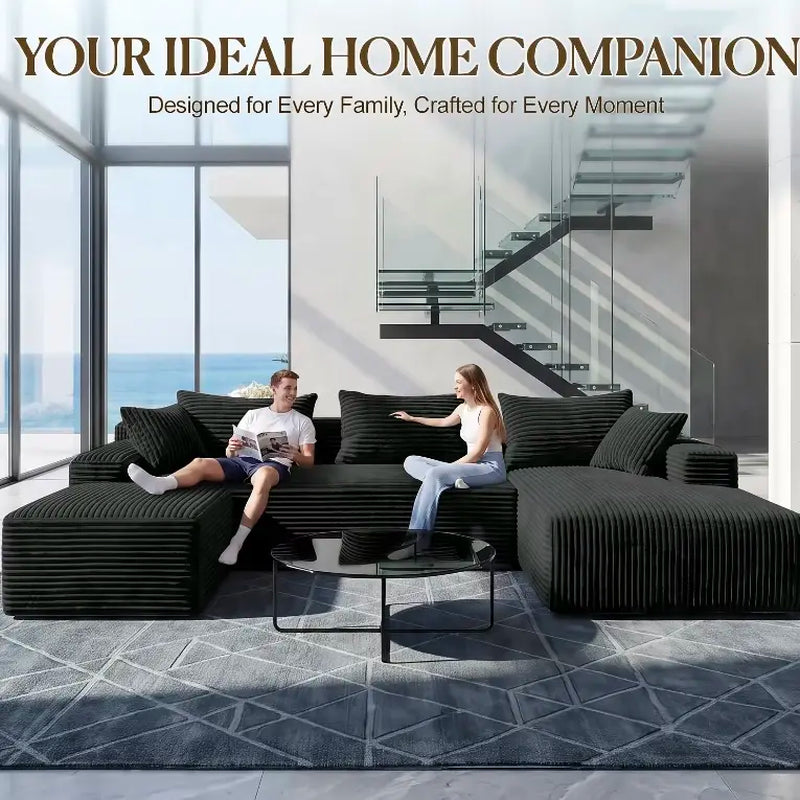Luxury Black Corduroy Modular Sectional Sofa, U-Shaped Cloud Couch with Deep Seat, Modern Large Living Room Sofa Set, Oversized Comfy Lounge Couch with Removable Cushions, Contemporary Velvet Fabric Furniture for Apartment, Villa and Home Decor