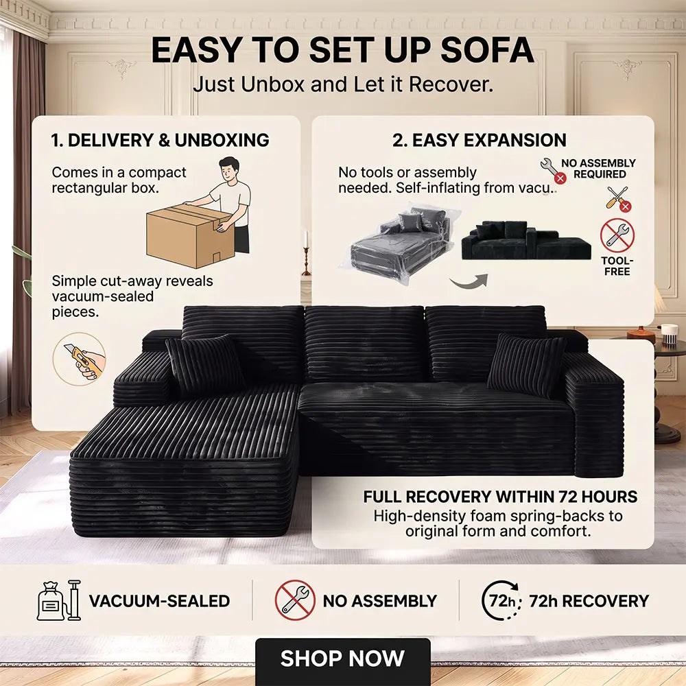 96-Inch L-Shaped Modular Corduroy Sofa with Chaise, Moderate Deep Seat, Vacuum-Packed, No-Assembly Indoor Furniture for Apartments & Condos