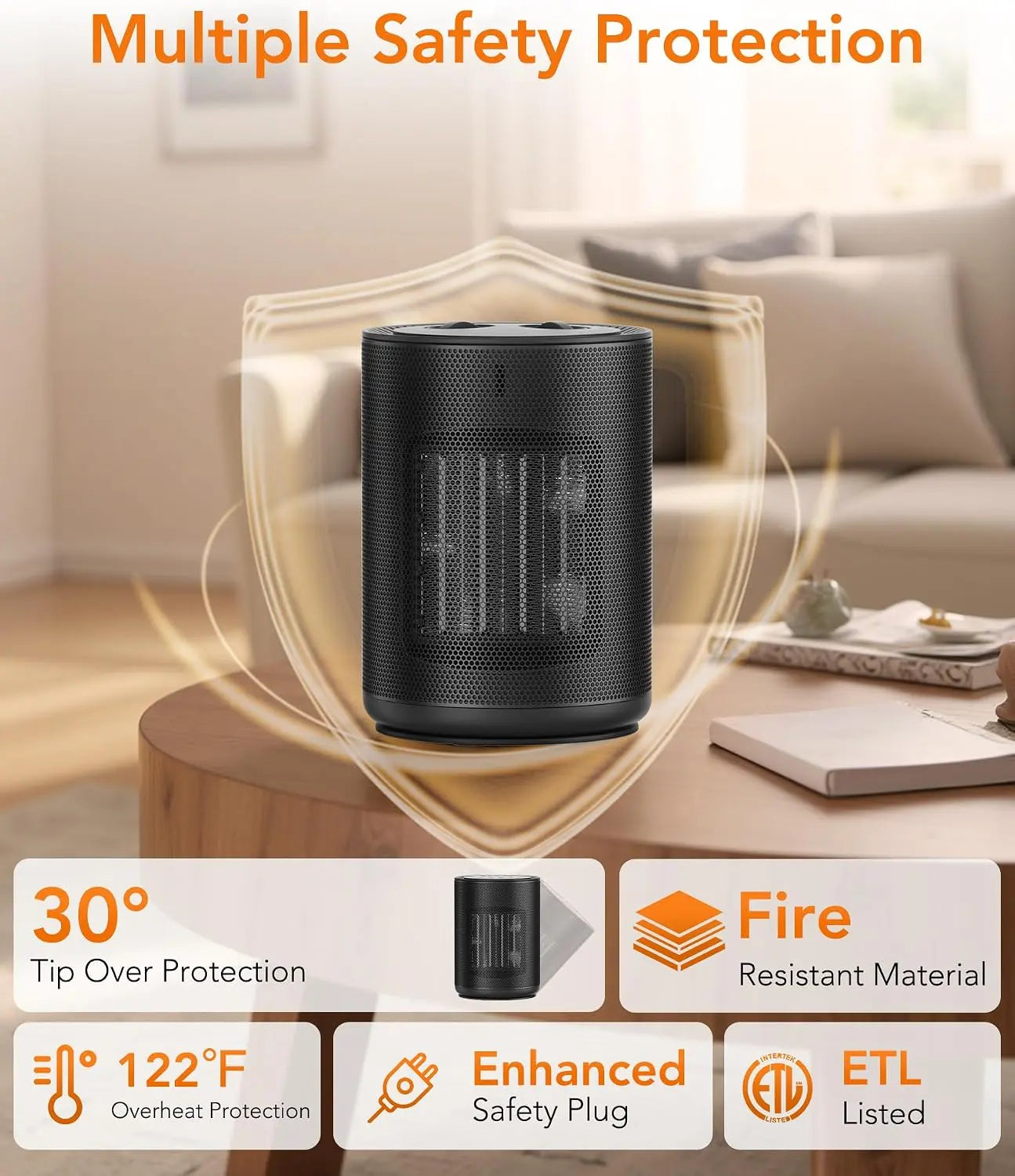 Portable Table Heater for Indoor Use, 1500W Space Heater with Adjustable Thermostat, 2 Heat Settings, Fan Mode, Tip-Over & Overheat Protection