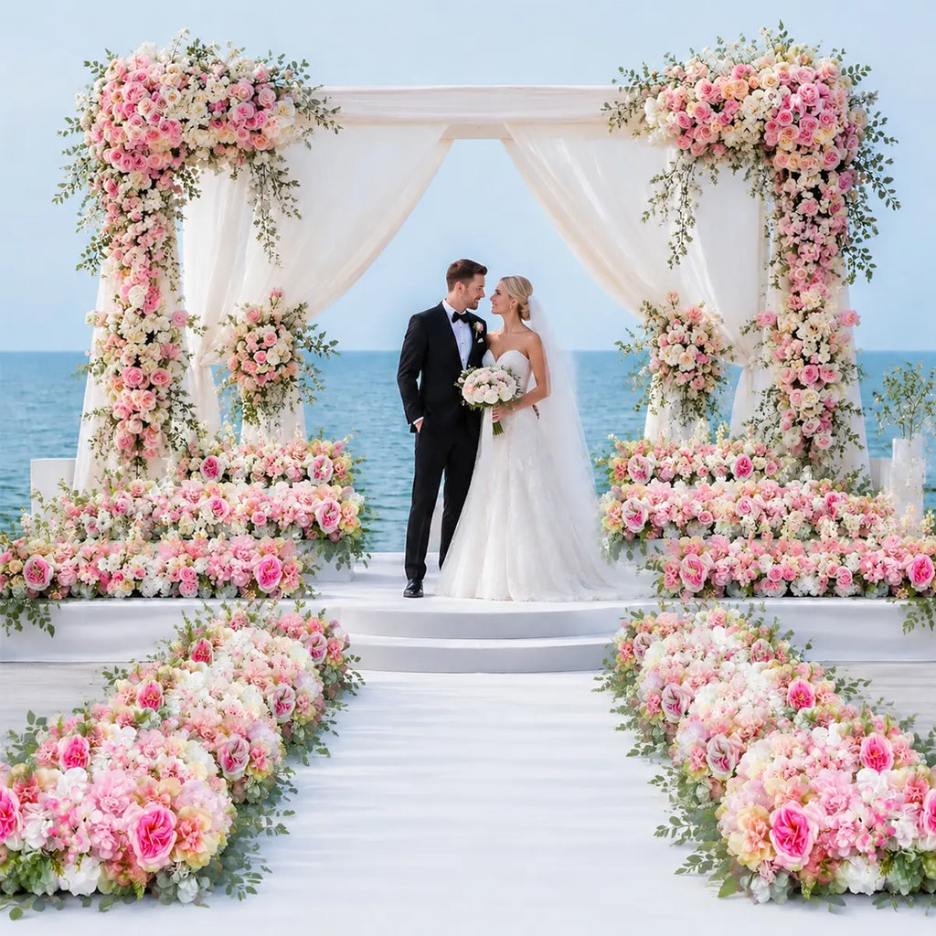 Artificial Flower Panels for Wedding Arch - Dark Pink Rose & Champagne Pink Silk Peony Hanging Garland, Faux Floral Decor for Ceremonies, Hotel Flower Walls & Decoration Needs, Peonies Flowers