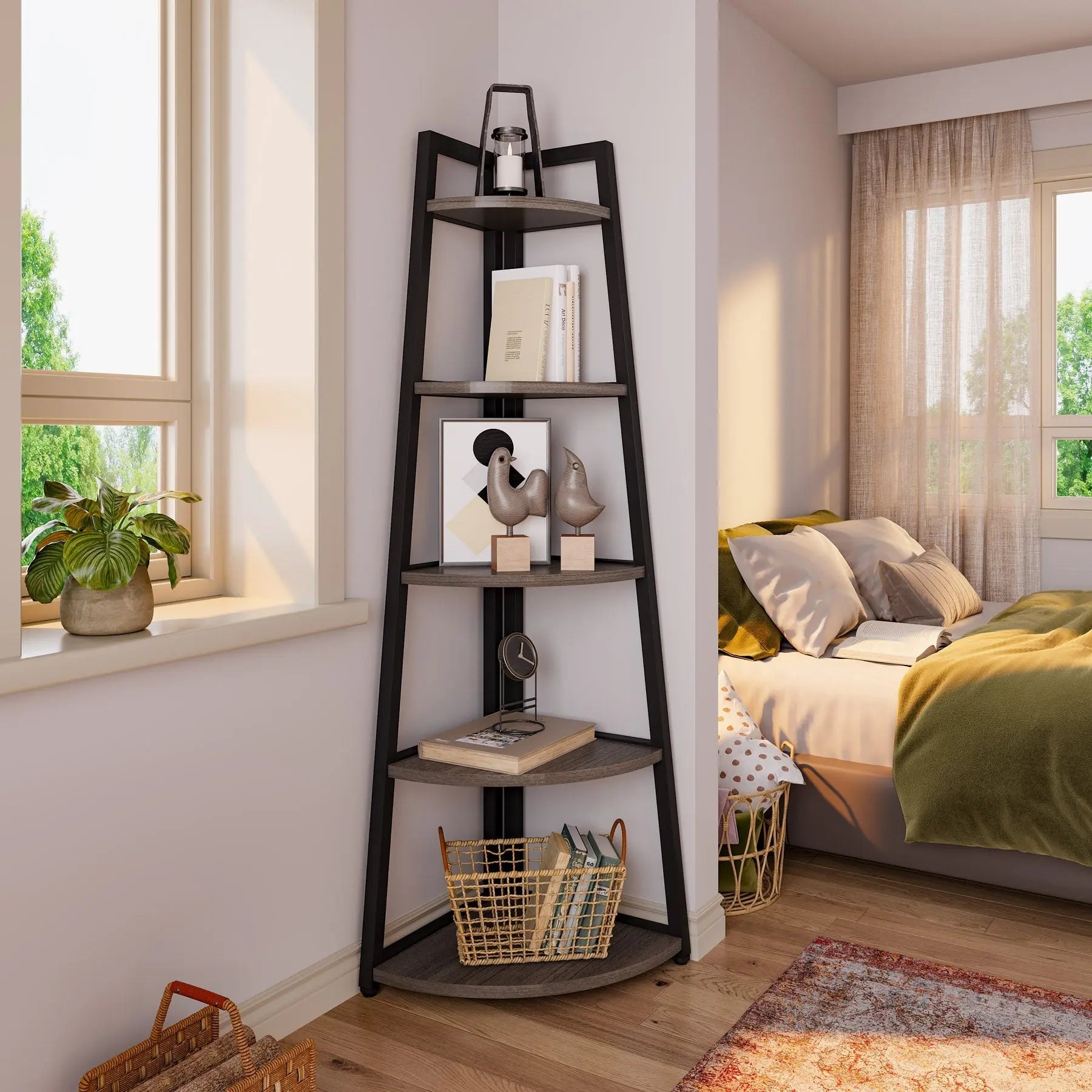 Spaco 70-In Tall 5-Tier Rustic Industrial Corner Bookshelf Rack - Single Unit Space Saving Furniture with Rounded Edges, 25Kg+ Capacity, Multi-Purpose Organizer for Living Room, Home Office, Balcony (Plant Stand, Collectibles Display)