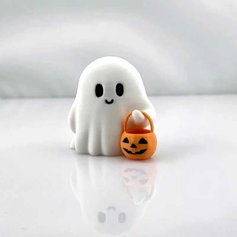 Cute Mini Pumpkin Ghost Desktop Ornament, Ideal Halloween Home Decor, Festive Party Living Room Bedroom Desk Decoration, Smiling Ghost Statue with Pumpkin Bucket