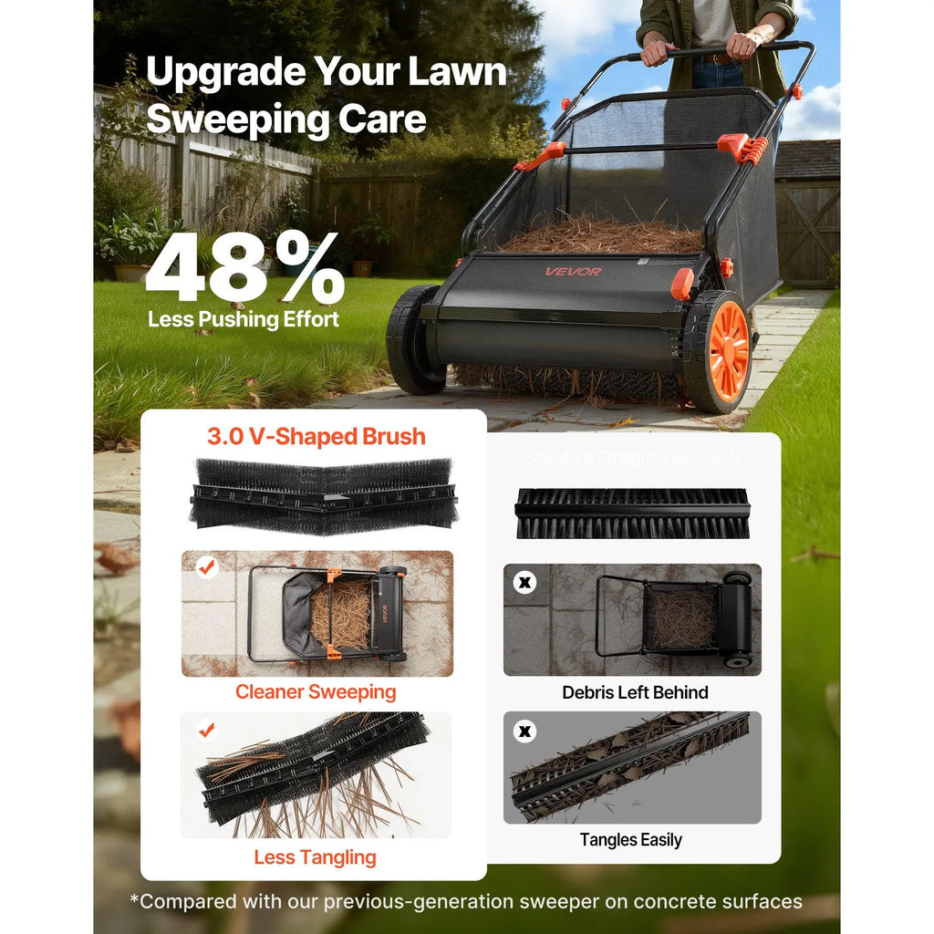 VEVOR Manual Push Lawn Sweeper with Spinning Brushes, 26-In Leaves Grass Cleanup Tool, 7 Cu Ft Hopper Capacity, Adjustable Height, 1:5 Brush Wheel Ratio, Heavy-Duty Iron Frame, 10-In Rubber Wheels, 31.5X50X16.9 In, 27.6 Lbs