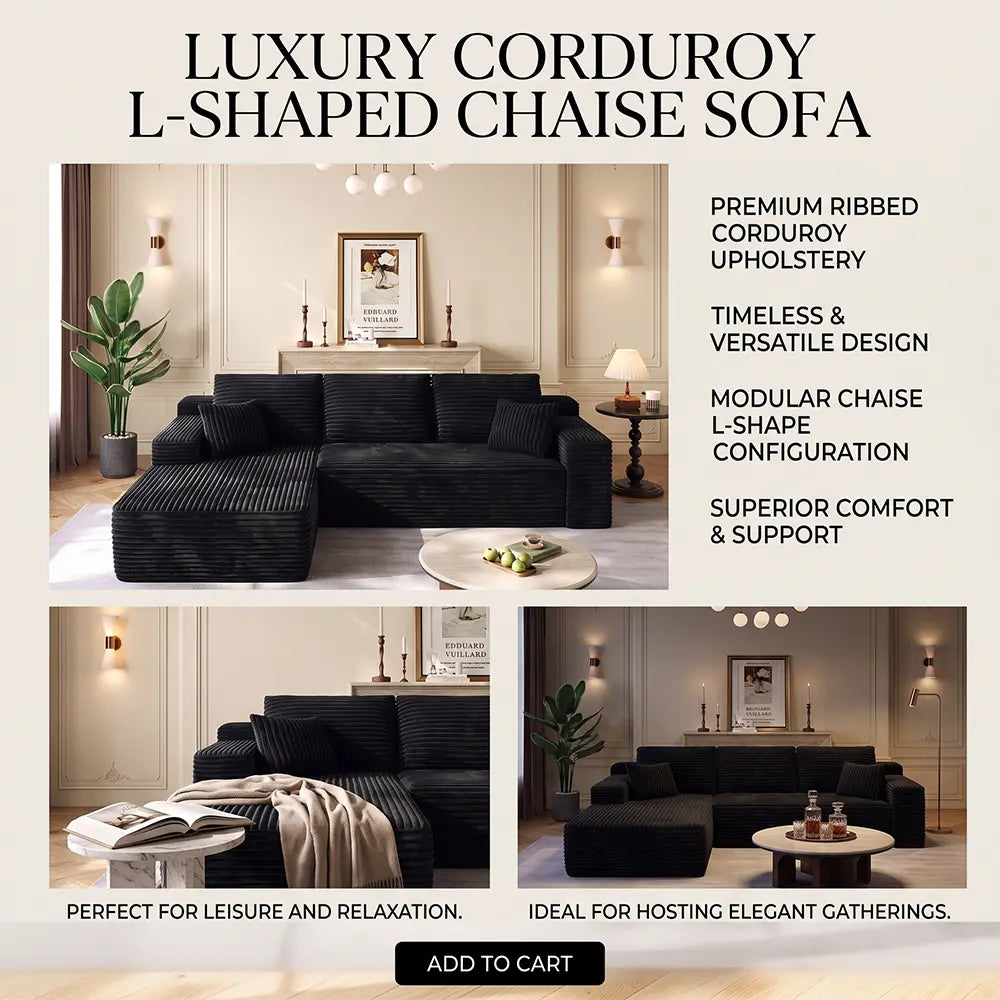 96-Inch L-Shaped Modular Corduroy Sofa with Chaise, Moderate Deep Seat, Vacuum-Packed, No-Assembly Indoor Furniture for Apartments & Condos