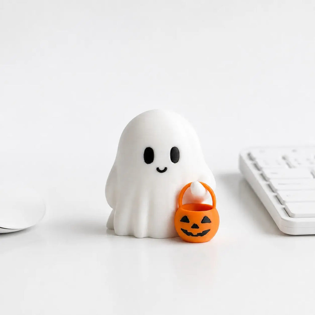 Cute Mini Pumpkin Ghost Desktop Ornament, Ideal Halloween Home Decor, Festive Party Living Room Bedroom Desk Decoration, Smiling Ghost Statue with Pumpkin Bucket