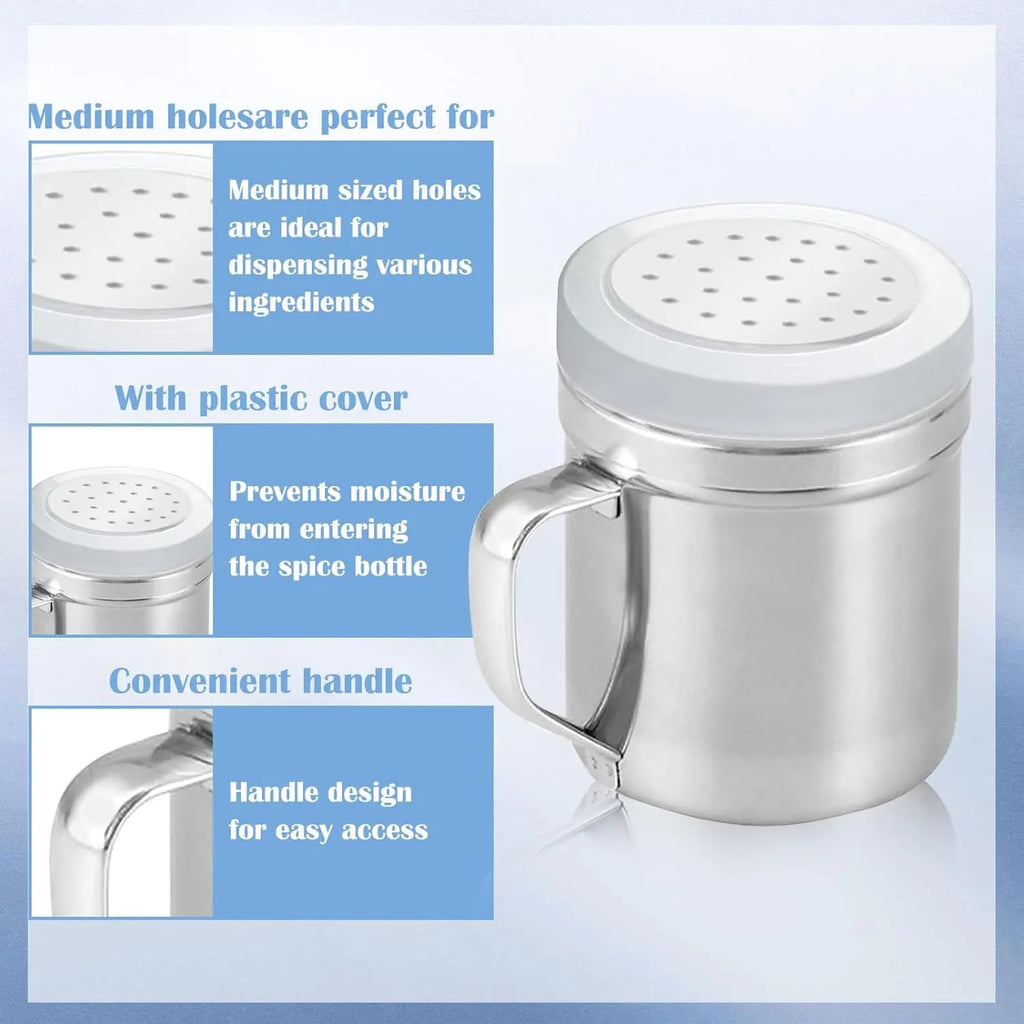 2 Count Metal Salt Pepper Dredge Shakers, Stainless Steel Pepper Shaker Seasoning Jar with Handle, with Hole and Cover, Suitable for Pepper, Cinnamon and Coffee Jars (Small-6Oz)