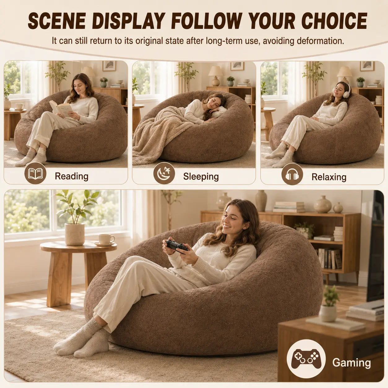 Modern Armless Pre-Assembled Washable Adult Bean Bag Sofa Chair - Soft 2-Person Indoor Floor Seating for Living Room, Bedroom, 2 People