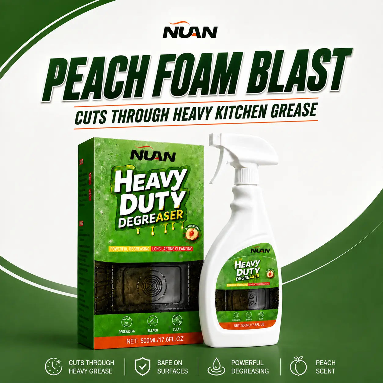 NUAN Heavy-Duty Degreaser Spray Bottle , Kitchen Grease Remover for Range Hood Filters, Stovetops, Backsplash & Stainless Steel Surfaces-M2