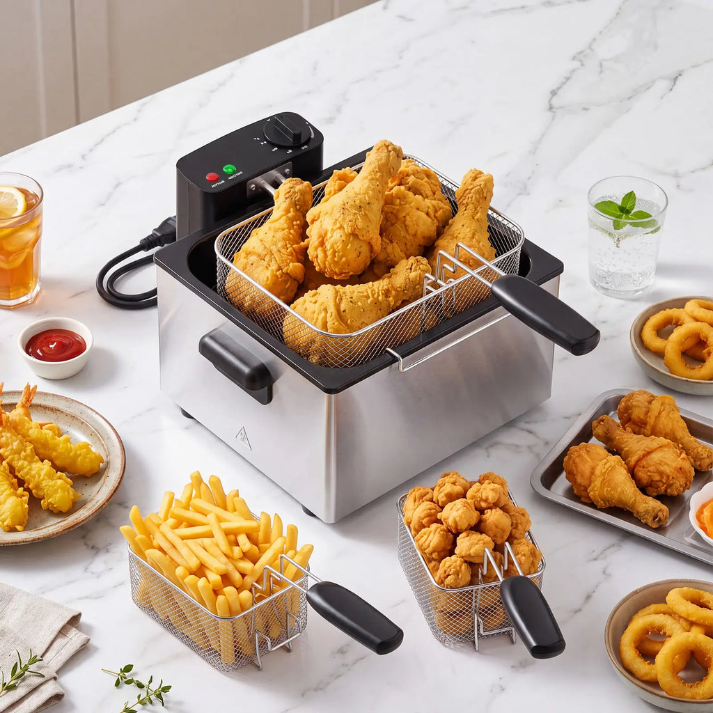 Sweetcrispy 3/5L Professional Electric Deep Fryer (Kitchen Appliances) - 3 Baskets, 1800W Fast Heating 304 Stainless Steel, Viewing Lid, Adjustable Temp, Versatile Heat Settings, Simple Use & Cleaning, 265°F-375°F for French Fries, Chicken, Temperature Co
