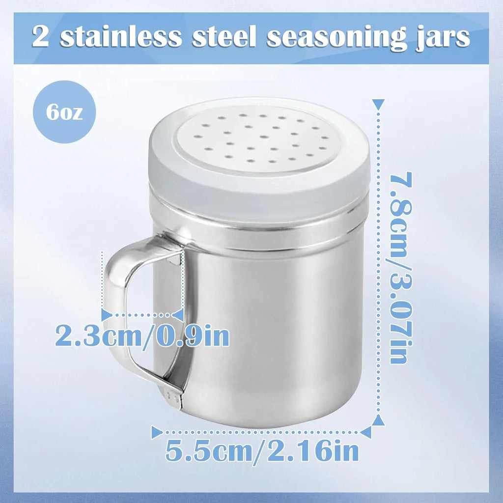 2 Count Metal Salt Pepper Dredge Shakers, Stainless Steel Pepper Shaker Seasoning Jar with Handle, with Hole and Cover, Suitable for Pepper, Cinnamon and Coffee Jars (Small-6Oz)