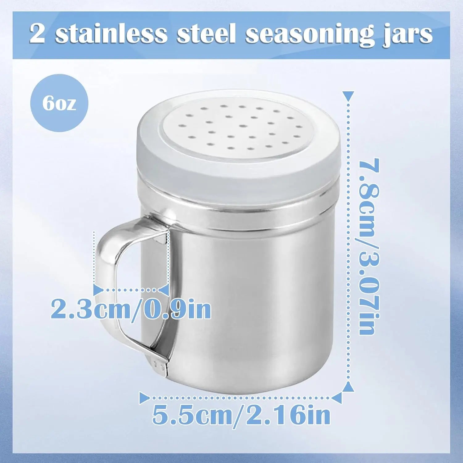 2 Count Metal Salt Pepper Dredge Shakers, Stainless Steel Pepper Shaker Seasoning Jar with Handle, with Hole and Cover, Suitable for Pepper, Cinnamon and Coffee Jars (Small-6Oz)