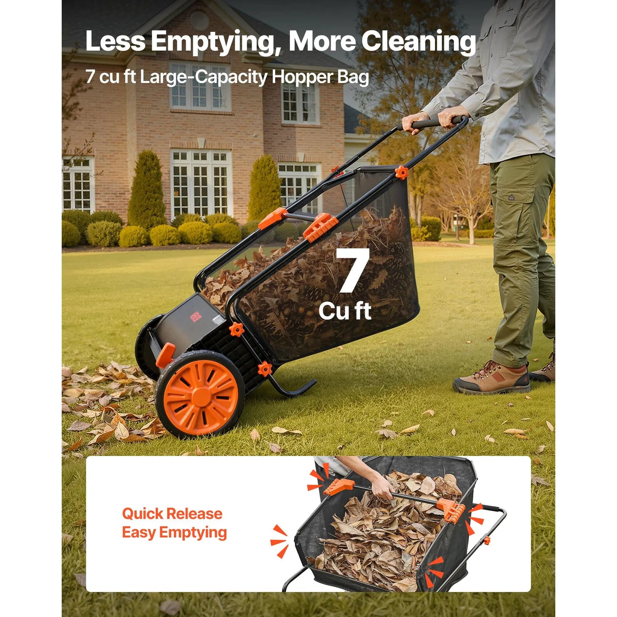 VEVOR Manual Push Lawn Sweeper with Spinning Brushes, 26-In Leaves Grass Cleanup Tool, 7 Cu Ft Hopper Capacity, Adjustable Height, 1:5 Brush Wheel Ratio, Heavy-Duty Iron Frame, 10-In Rubber Wheels, 31.5X50X16.9 In, 27.6 Lbs