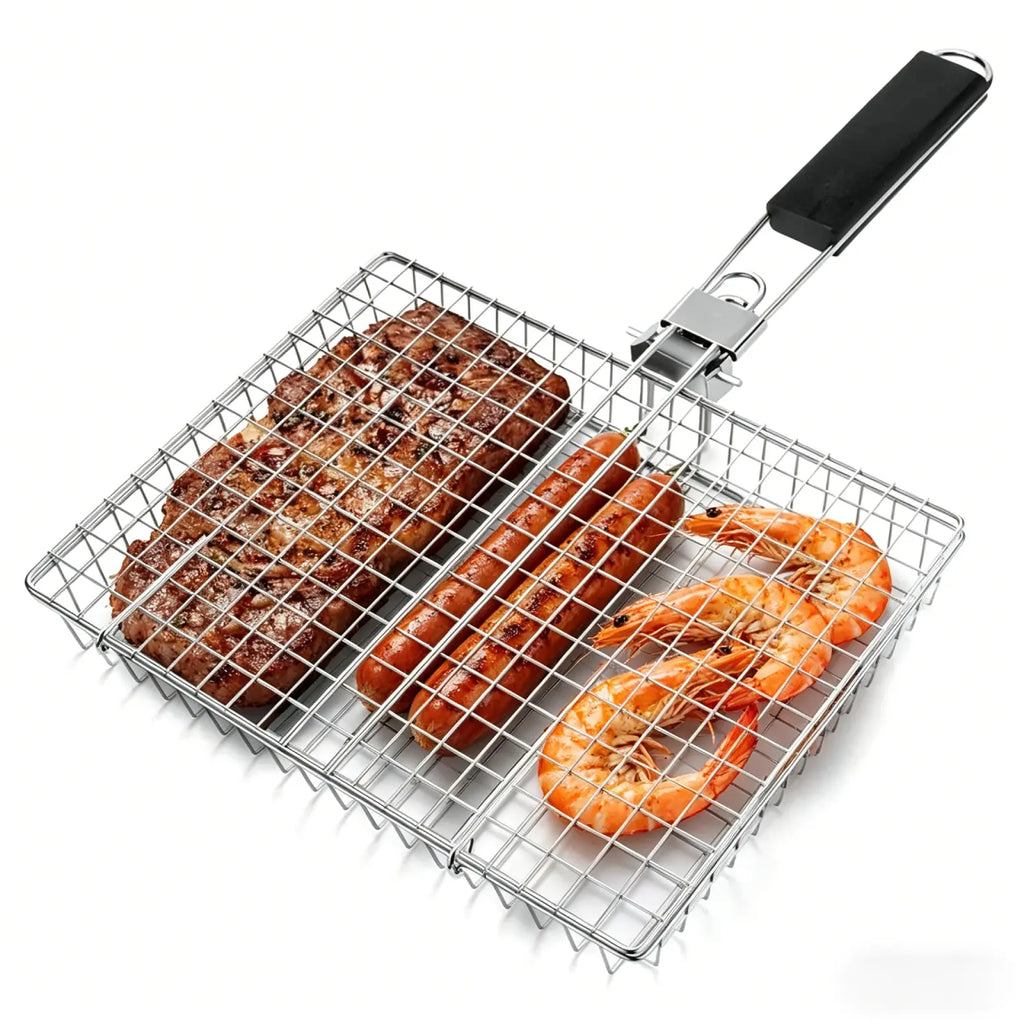 Summerwins Rectangular Carbon Steel Outdoor BBQ Grill Net - Single Roomier Sheet Grid Rack with Handle, Thick Durable Outdoor Cooking Barbecue Utensils for Home & Festive Supplies