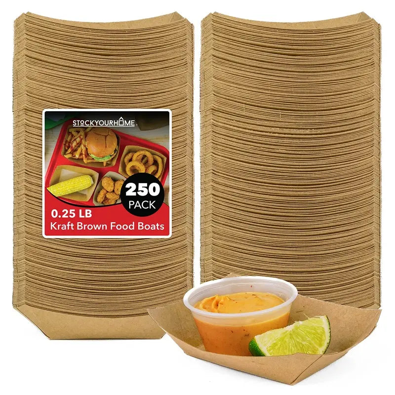 Stock Your Home [250 Pack] Mini Disposable Brown Kraft Paper Food Trays, 0.25-Lb Concession Tray, Serving Boats for Party Snacks, Taco Bar, Seafood, Nachos Plates, Quarter-Pound