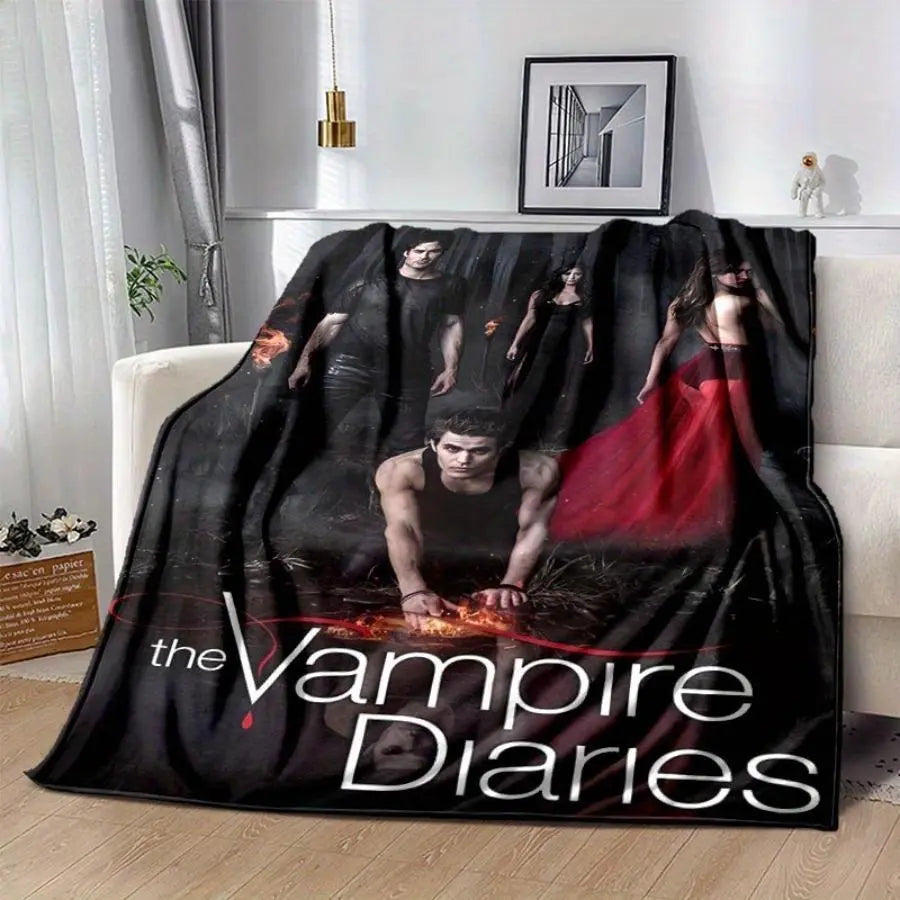 Vampire Series Flannel Throw Blanket - Soft Warm Flannel Fabric, Cartoon Art TVD Retro Character Illustration, Gothic Look Room Decor for Living Room Sofa, Unique Birthday Gift for Fans