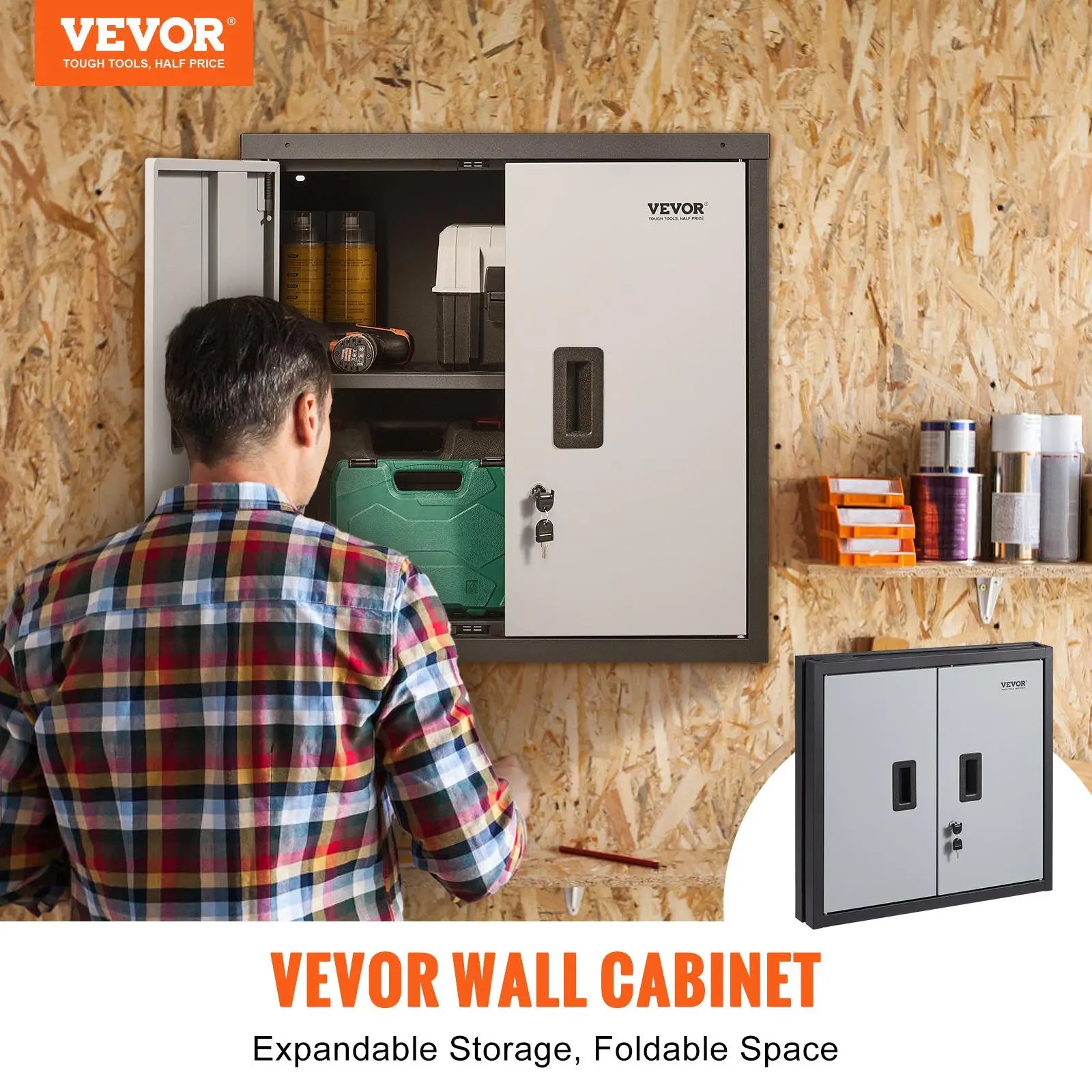 【Back to School】Vevor Foldable Wall-Mount Metal Garage Cabinet Furniture, 26" Heavy-Duty Tool Chest with 240 LBS Capacity, Adjustable Shelf, Magnetic Doors, Steel Board, Pre-Drilled Holes Simplify Wiring - Ideal for Garage, Home Use