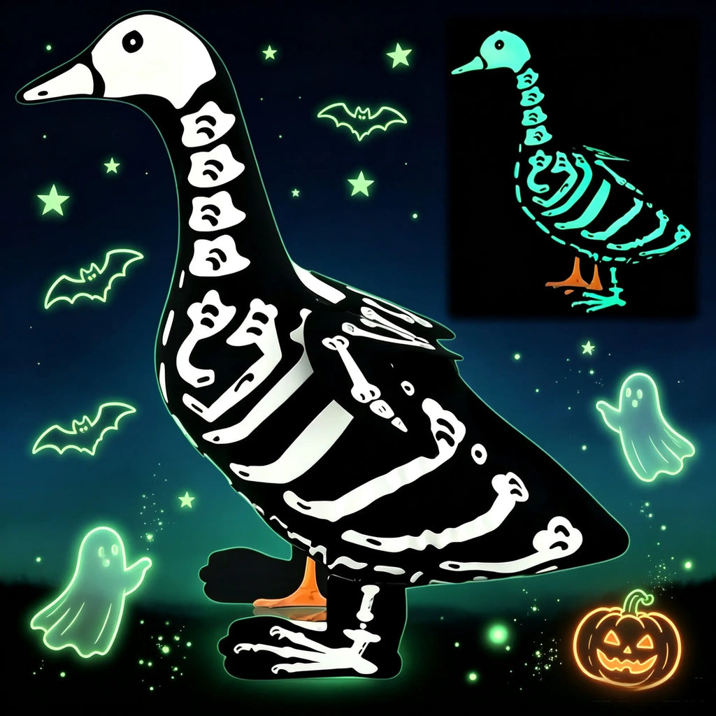 23-In Cement Goose Statue with Halloween Glow-In-The-Dark Skull Outfit, Halloween Aesthetic Costume Accessory, Weatherproof Outdoor Patio Fall Holiday Decoration, Specialty DIY Supply, Goose Skeleton Element