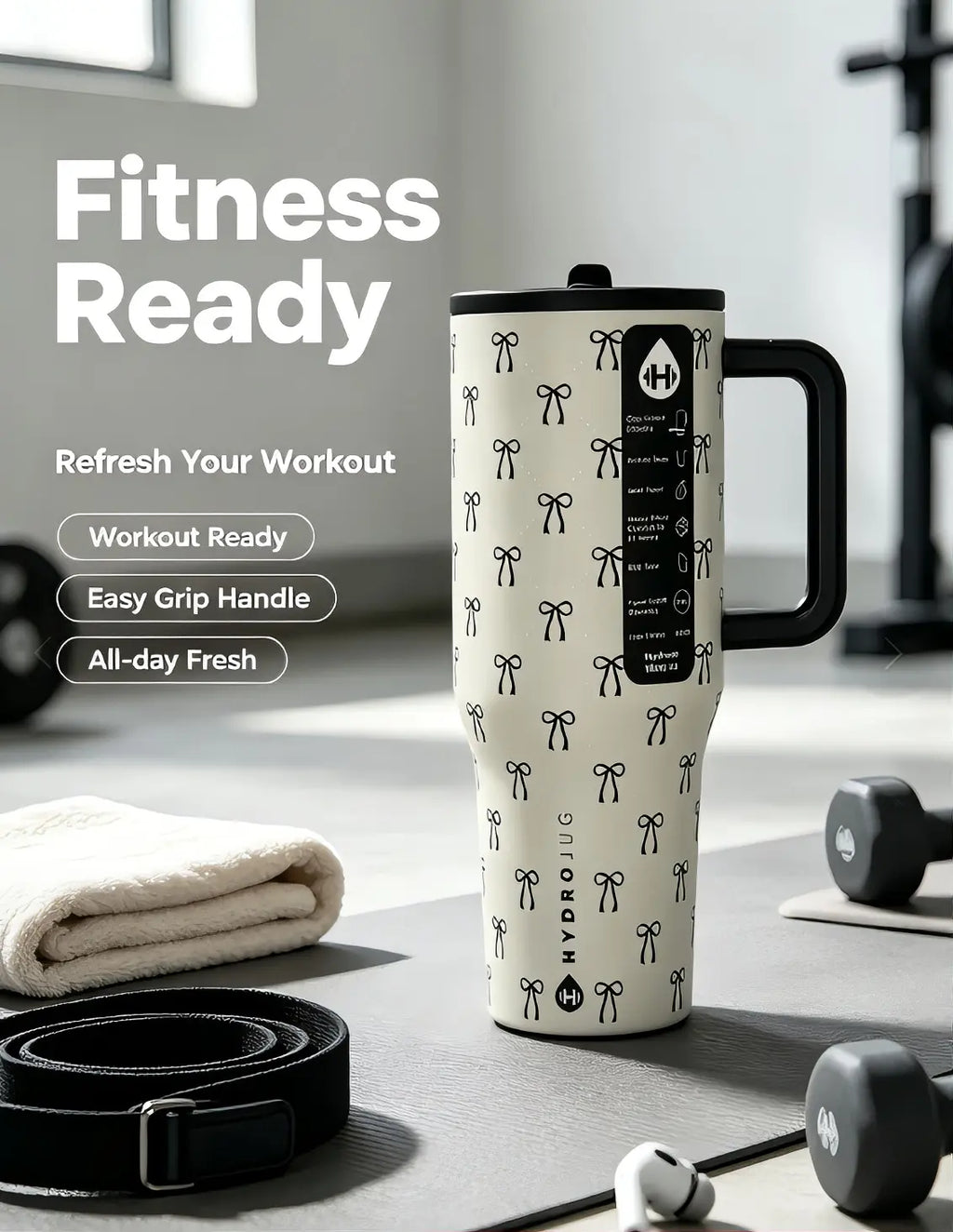 Hydrojug 40 Oz Elegant Mini Black Bow Print with Handle and Straw Tumbler Water Bottle Large Capacity Car Cup, 100% Leakproof Insulated Tumbler | Keeps Ice 24+ Hours | Easy-Clean Durable Travel Mug Cup Holder Friendly Base | Insulated Thermal Tumbler,