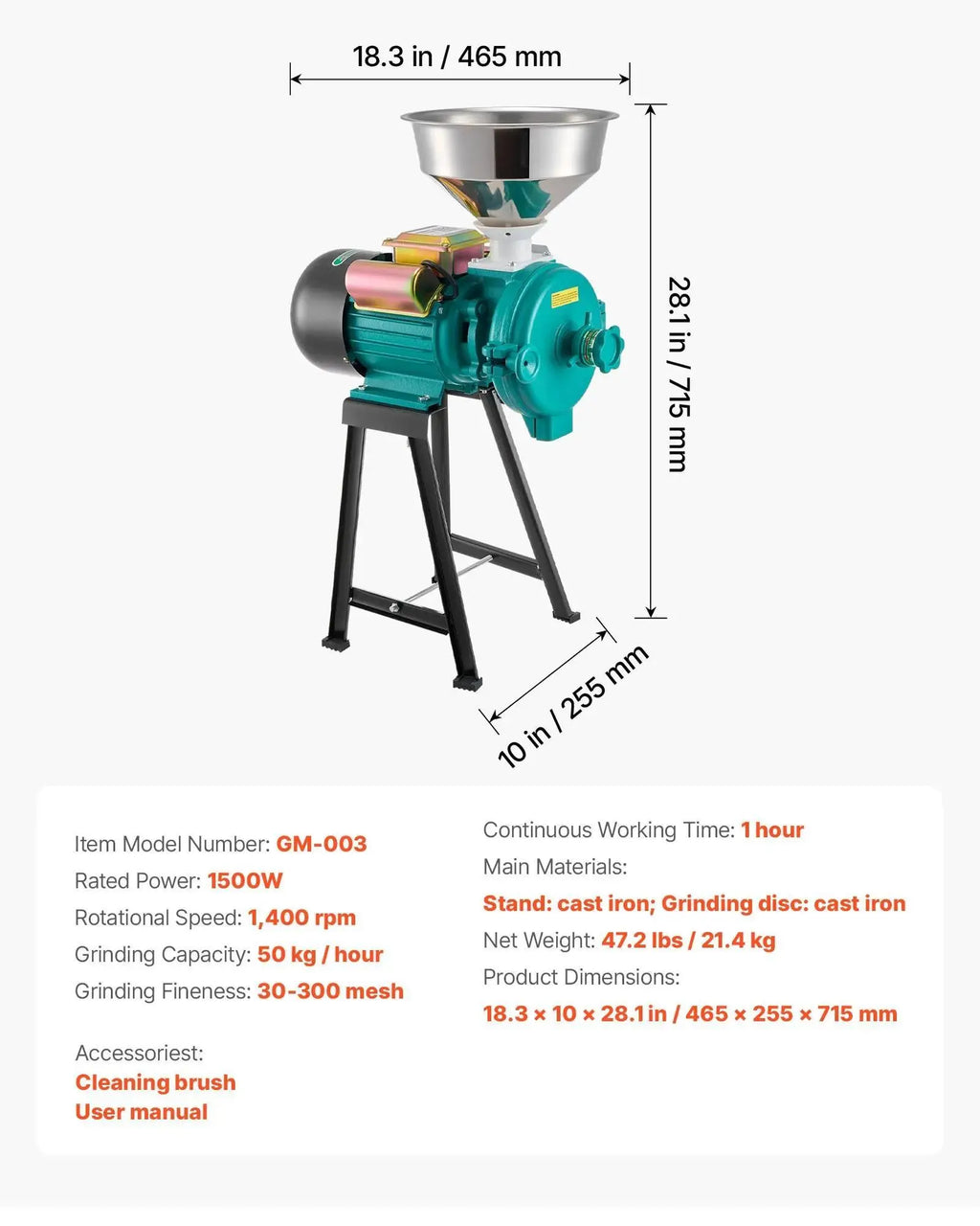 【Backtoschool】Vevor Electric Grain Mill Grinder, 110 Lbs/H Commercial Spice Grinders, 1500W Cast Iron Pulverizer Powder Machine with Non-Slip Rubber Feet, for Dry Grains, Spices, Cereals, Coffee, Corn & Pepper