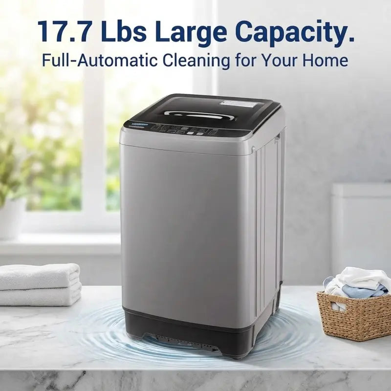 17.7 Lbs Portable Washing Machine Full Automatic, Compact Top Load Washer for Apartment Dorm RV, Small Laundry Machine with Drain Pump & 10 Wash Programs, Quiet Space Saving Fully Automatic Washer, LED Display Perfect for Small Space Home Use