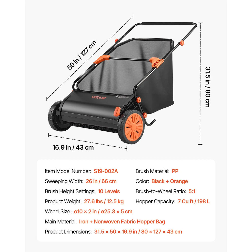 VEVOR Manual Push Lawn Sweeper with Spinning Brushes, 26-In Leaves Grass Cleanup Tool, 7 Cu Ft Hopper Capacity, Adjustable Height, 1:5 Brush Wheel Ratio, Heavy-Duty Iron Frame, 10-In Rubber Wheels, 31.5X50X16.9 In, 27.6 Lbs