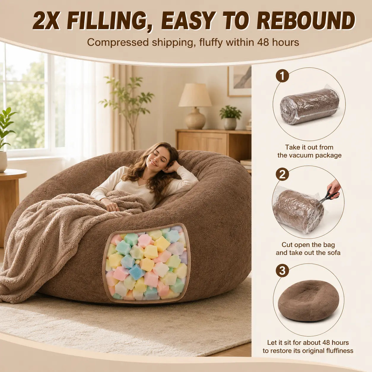 Modern Armless Pre-Assembled Washable Adult Bean Bag Sofa Chair - Soft 2-Person Indoor Floor Seating for Living Room, Bedroom, 2 People